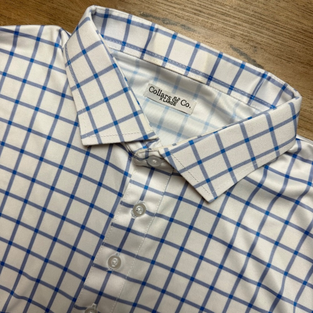 Collars & Co. Dress Collar Polo Mens XL Blue White Windowpane Check Short Sleeve